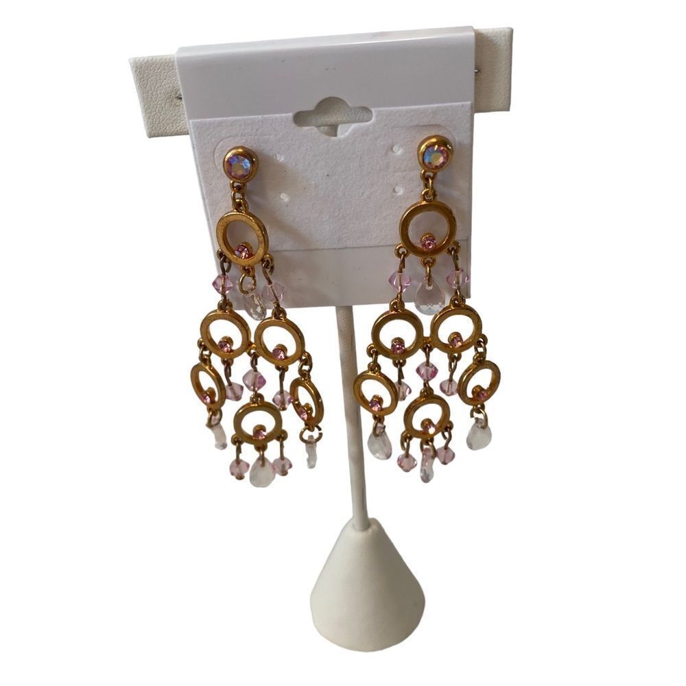Gorgeous yellow gold chandelier earrings w/ pink & clear iridescent gemstones